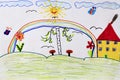 Children`s drawing with butterflies birch house rainbow and flowers Royalty Free Stock Photo