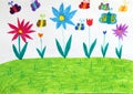 Children`s drawing with butterflies trees and flowers. Childish drawing Royalty Free Stock Photo