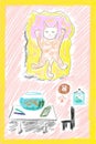 Children`s drawing: a cat in an apartment.