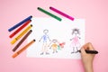 Children& x27;s drawing, child& x27;s drawing of a happy family. Mom, dad and I are family. Royalty Free Stock Photo