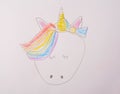 Children`s drawing with colored pencils is a pretty cute unicorn.