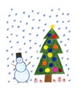 Children`s drawing with colored pencils. Snowman. Snowfall. New Year tree with toys and gifts. Isolated on white background Royalty Free Stock Photo