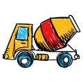 Children`s drawing. Concrete mixing truck vector. Flat design. Industrial transport. Construction machine. Yellow lorry