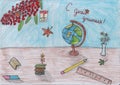 Children's drawing "Congratulations on Teacher's Day", on the table a globe, stationery and flowers Royalty Free Stock Photo