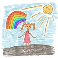 Children's drawing with felt-tip pens girl tree rainbow and sun Royalty Free Stock Photo