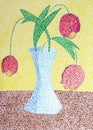 Children`s drawing of flowers in vase made by dots with felt-tip pens