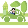 Children`s drawing of a green electric car with a girl driving around the city. Royalty Free Stock Photo