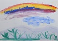 Children`s drawing: green grass and rainbow. Drawing in watercolor Royalty Free Stock Photo