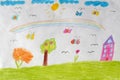 Children's drawing of house, flowers and rainbow Royalty Free Stock Photo