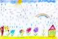 Children's drawing of house flowers and rainbow Royalty Free Stock Photo
