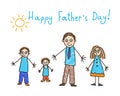 Kid`s drawing. Father`s day. Father and three kids