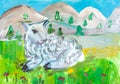 Children`s drawing. Little lamb lying in meadow