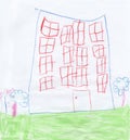 Children\'s drawing of multi-storey building drawn in pencils