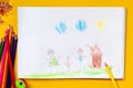 Children`s drawing is my happy family. The concept of child psychology.