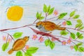 Children`s drawing of pair of birds sitting on the branch