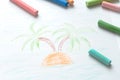 Children`s drawing palm trees. Summer, sea, boat. Multicolored crayons, pastel.