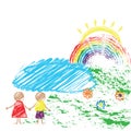 Children s drawing pencil with the image of children and the rainbow. Vector Royalty Free Stock Photo