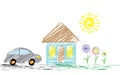 Children s drawing pencil with a picture of a house, a car. It can be used as a background, wallpaper, for decoration