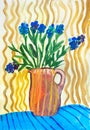 Children`s drawing. Pitcher with blue flowers