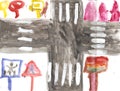 Children\'s drawing - road, traffic rules, road signs