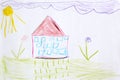 Children`s drawing of rural house lawn sun and clouds drawn by pencils