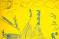 The children`s drawing shows mountains volcanoes sun cloud people. Yellow Phantom Blue Pastel Paper Royalty Free Stock Photo