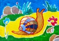 Children`s drawing. Snail crawling on yellow carpet