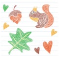 Children`s drawing. Squirrel, acorn, leaf and heart. Color penci