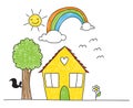 Children`s drawing style house and surroundings Royalty Free Stock Photo