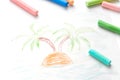 Children`s drawing summer vacation. Summer, palm trees. Multicolored crayons, pastel.