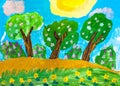 Children`s drawing. Three green tree