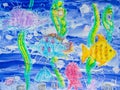 Children`s drawing: underwater world, fish, seaweed. Watercolor painting. Ocean concept