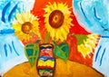 Children`s drawing. Vase with three sunflowers