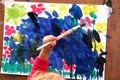 Children`s drawing water color paints and brush Royalty Free Stock Photo