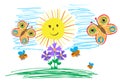 Children`s drawings of insects, the sun and flowers. The child draws summer Royalty Free Stock Photo