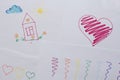 Children`s drawings, scribbles, painted house, flowers, sun and cloud, red heart and simple lines. Creativity, drawing for Royalty Free Stock Photo