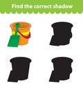 Children`s educational game, find correct shadow silhouette. Toy bucket and shovel, set the game to find the right shade. Vector