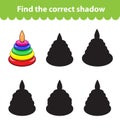 Children`s educational game, find correct shadow silhouette. Toy pyramid, set the game to find the right shade. Vector