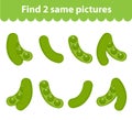 Children`s educational game. Find two same pictures. Set of green peas for the game find two same pictures. Vector illustration.