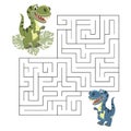 Children\'s educational maze, funny dinosaurs and tropical leaves. Educational illustration for preschoolers, print