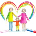 Children\'s family drawing with pencils, mother, me, father. Heart with I love my family. childlike drawing my family,