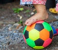 Children`s feet on plateau resting on colorful soccer balls Royalty Free Stock Photo