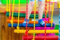 Children`s feet at the playground with swinging bridge Royalty Free Stock Photo