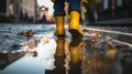 Children\'s feet in yellow rubber boots walk through a puddle