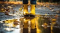 Children\'s feet in yellow rubber boots walk through a puddle. Generative AI technology