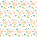 Children`s finger drawings vector seamless pattern. Sun, flowers, heart, lightning, arrow, spiral, dots seamless texture Royalty Free Stock Photo