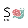 Children's font. Letter S. Cute cartoon green snail.