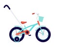 Children's four-wheeled bicycle with a handle. Cartoon blue bicycle with a basket and a red saddle. Children transport Royalty Free Stock Photo