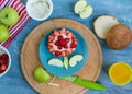 Children`s fun food.Sandwich in the form of a flower out of strawberries for kids breakfast.Step-by-step recipe for cooking dishe Royalty Free Stock Photo