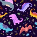 Children`s funny seamless pattern. Vector with colorful cute dinosaurs, decorative elements. hand drawing.